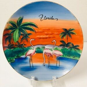 Vintage 8” Handpainted Florida State Flamingos Souvenir Collector Plate